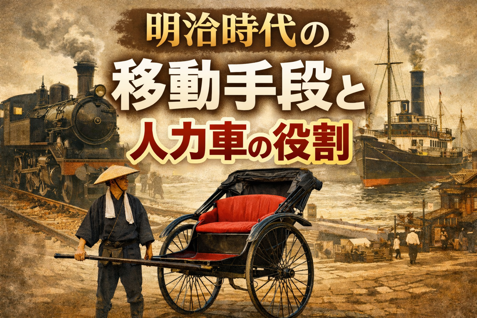 明治時代の日本における移動手段を表したイラスト。中央に赤い座席の人力車と車夫、背景に蒸気機関車と蒸気船が描かれ、近代化が進む時代の交通の変化を表現している。