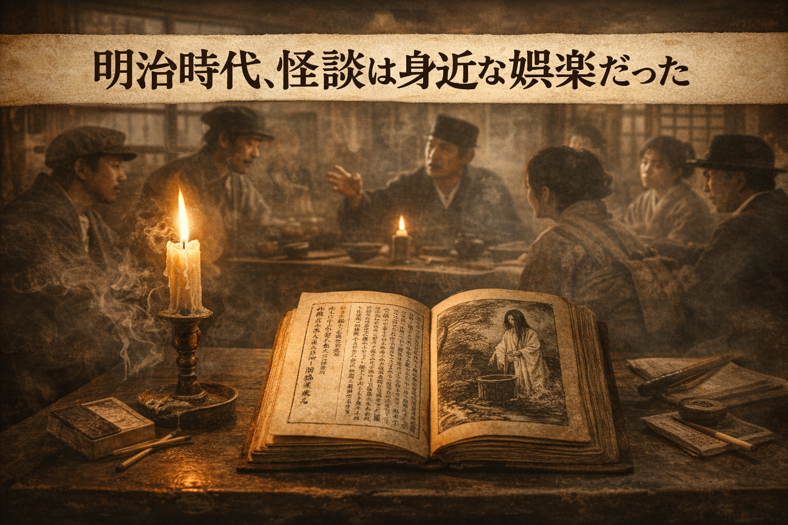 明治時代後期（明治20年代・1887〜1892年）、怪談の本を囲んで人々が集まり、ろうそくの明かりの下で語り合っている様子