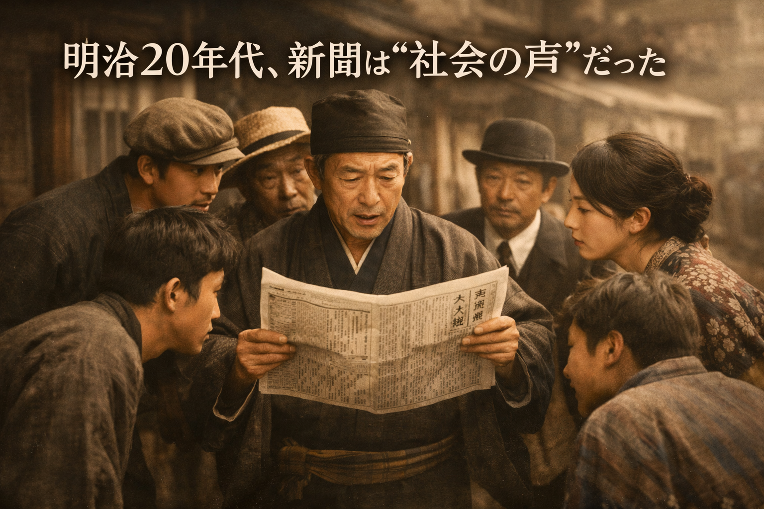 明治20年代、新聞を囲んで集まる人々 「一枚の新聞が町の空気を動かす」瞬間
