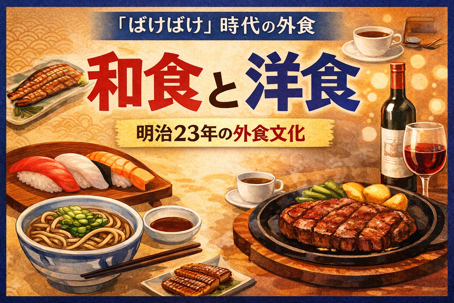 明治23年（1890年）頃の和食と洋食を描いたイラスト。そばや寿司などの日常食と、洋食店で供される肉料理や洋酒が、同じ時代の異なる食文化として表現されている